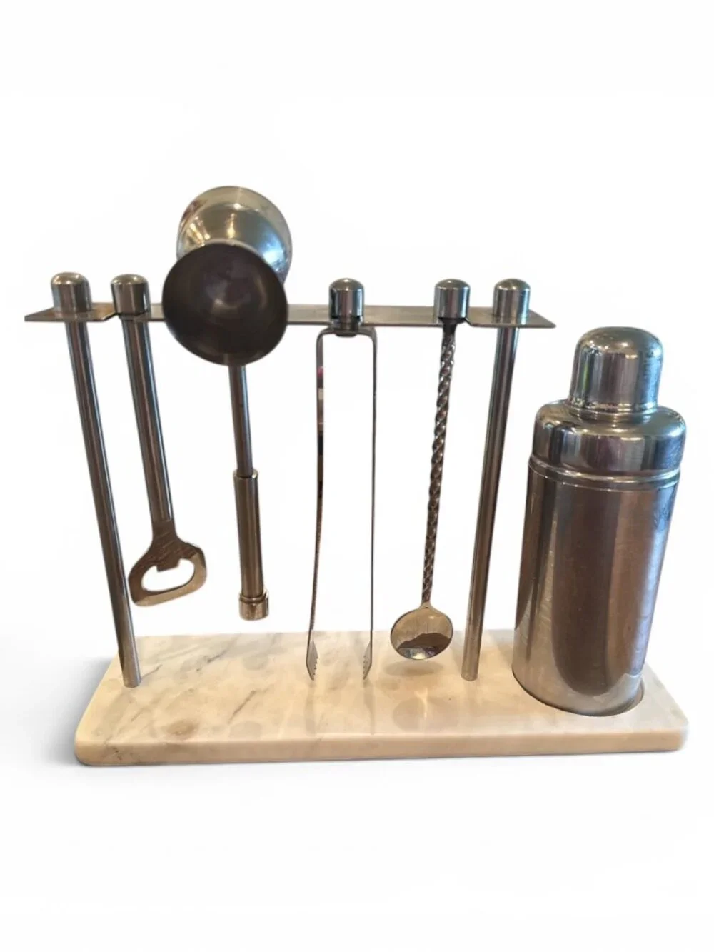 Vintage Stainless Steel Barware Set Marble Base Cocktail Shaker Bar Tools MCM